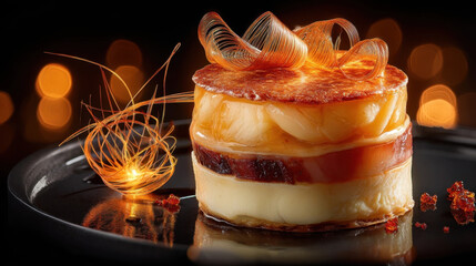 Gourmet canap with intricate layers and caramel decoration glows warmly against blurred bokeh background, creating elegant and inviting presentation