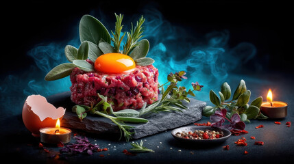 Beautifully presented steak tartare garnished with fresh herbs and raw egg yolk sits on slate board, surrounded by spices and candles, creating dramatic and elegant atmosphere