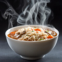 Steaming bowl of ramen with rich broth, noodles, and vegetables creates comforting and appetizing meal. steam rising adds warmth and aroma to dish