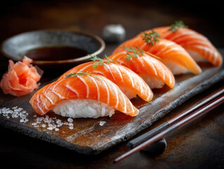 Beautifully arranged sushi platter features fresh salmon nigiri, garnished with herbs, alongside soy sauce and pickled ginger, creating delightful culinary experience