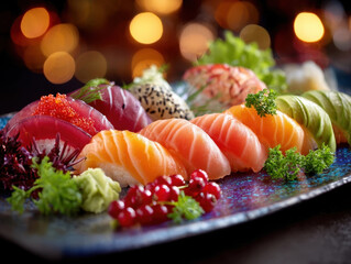 Vibrant sushi platter featuring salmon nigiri, tuna sashimi, and avocado rolls, garnished with fresh herbs and berries, set against blurred bokeh background