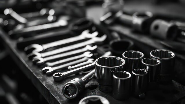 Grayscale close-up of various wrenches and socket heads on a textured surface