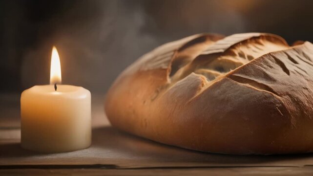 A fresh loaf of bread and a single burning candle on a rustic table. The warm light creates a spiritual and contemplative mood. A symbolic concept for faith communion hope and tradition