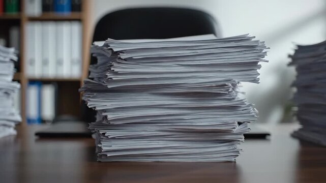 Large stack of paper documents on desk, bureaucracy and paperwork concept