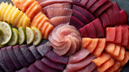 Top down view of beautifully arranged sushi platter featuring colorful slices of fish, including salmon, tuna, and yellowtail, with lemon and lime garnishes. vibrant display is visually appealing