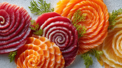 Top down view of sushi platter featuring colorful fish slices arranged in spiral pattern, garnished with fresh herbs. vibrant colors create appetizing and artistic presentation