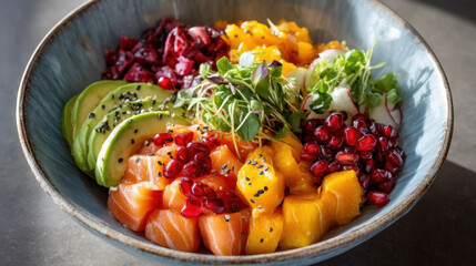 Vibrant bowl of poke with fresh fish, avocado, and colorful toppings creates visually appealing and delicious meal. combination of textures and flavors is enhanced by addition of microgreens