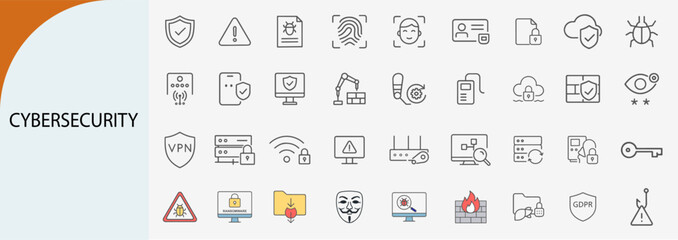 “cybersecurity icon set, flat minimal vector line design”  