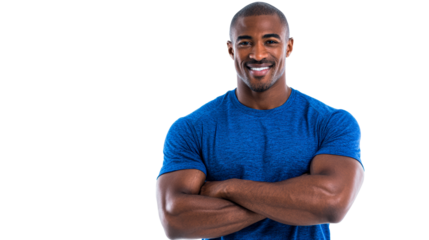 Confident Black man with muscular arms crossed in blue athletic shirt smiling for health and fitness concept applications