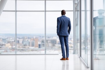 Rear view of corporate executive in navy suit looking out office window at city skyline