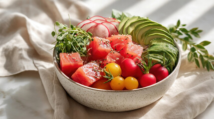 Vibrant bowl of poke with fresh fish, avocado, radishes, and cherry tomatoes, garnished with microgreens and sesame seeds, creating colorful and healthy meal