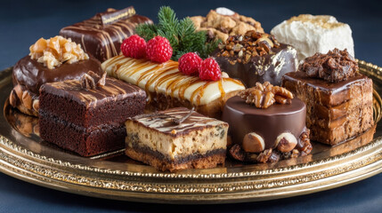 Luxurious dessert platter featuring assortment of cakes, pastries, and chocolates, adorned with raspberries and nuts, creating festive and indulgent display