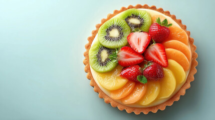 Beautifully arranged fruit tart with vibrant slices of kiwi, strawberries, and peaches on light blue background, creating fresh and appetizing look