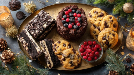 Festive dessert platter features chocolate cake, cookies, and brownies adorned with berries, surrounded by holiday decorations and candles, creating warm and inviting atmosphere