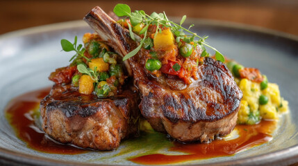 Grilled lamb chops with vibrant vegetable salsa and mashed potatoes on ceramic plate, garnished with fresh herbs, create colorful and appetizing presentation