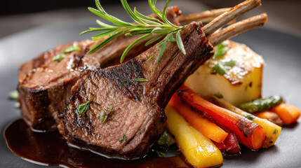 Deliciously plated lamb chop dish garnished with rosemary, served with colorful roasted vegetables and rich sauce, creating elegant dining experience