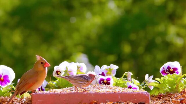 Birds eating seeds from a feeder surrounded by colorful flowers