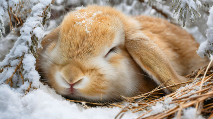 A small rabbit sleeping in a snowy nest, a cute bunny resting under a pine tree in winter, an adorable wild animal concept, a fluffy pet with frost on fur.
