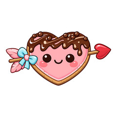 Cute Heart Cookie with Chocolate Drizzle and Cupid Arrow Cartoon Valentine Illustration PNG