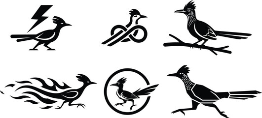 Roadrunner bird clip art bundle containing six unique poses from standing still to running fast for creative designers.