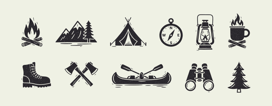 Rustic Black and White Camping Adventure Icons Collection in Grunge Style