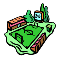 Football stadium marked with stands and scoreboard, in the warm season. Color vector illustration on a white isolated background