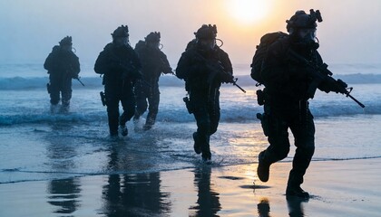 Underwater naval commandos emerge from sea at dawn for covert operation
