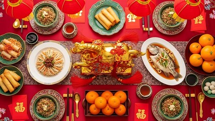 Vibrant chinese new year feast on red table with gold decorations, oranges, and traditional dishes, festive food spread with red envelopes