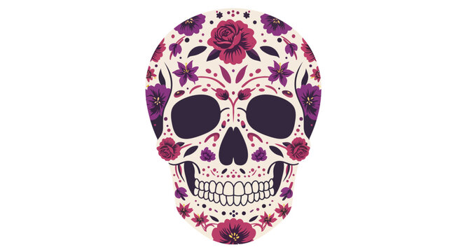 Vibrant and intricately decorated skull illustration, adorned with colorful floral patterns and ornamental details, representing a celebratory cultural art piece perfect for festive designs
