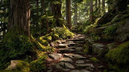 Obraz premium Sunlit stone path winds through a lush, verdant forest. Towering trees flank the way, with moss and ferns adding texture