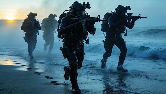 Underwater naval commandos emerge from sea at dawn for covert operation