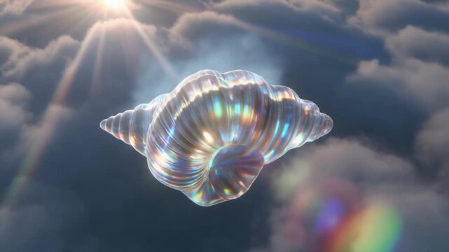 A shimmering, iridescent seashell-like object floating gracefully amidst sunlit clouds in a bright blue sky.