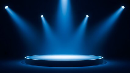 A brightly lit circular stage with four spotlights shining down