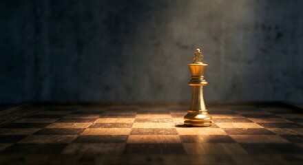 A conceptual image of a golden chess king standing alone on a board against a dark moody background, highlighted by a single spotlight to represent strategic dominance.