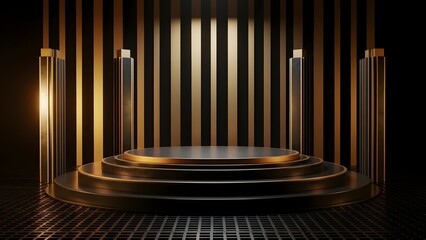 Golden stage with vertical bars and spotlight