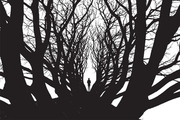 Silhouette of a Lone Figure in Dark Forest Tunnel
