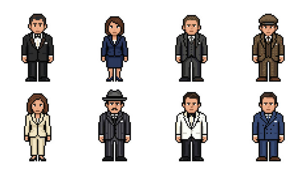 Elegant people pixel style icon set, business suits vintage outfits