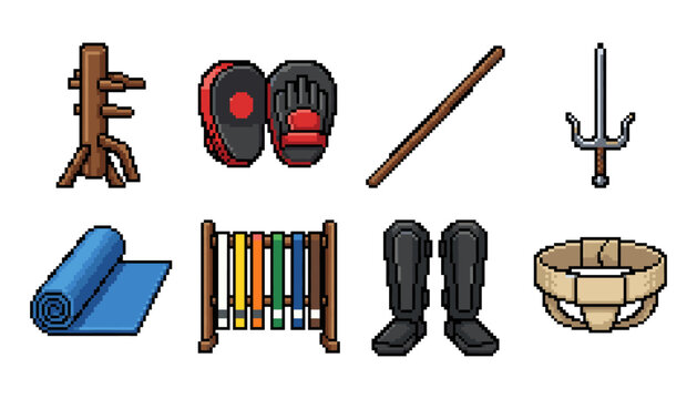 Martial arts equipment pixel style icon set, dojo gear belts weapons