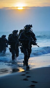 Underwater naval commandos emerge from sea at dawn for covert operation