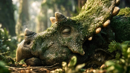 A mossy Triceratops dinosaur sleeping in a summer forest, a close-up head portrait of a prehistoric herbivore resting, an ancient wildlife concept with green skin.