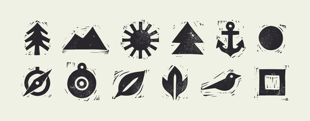 Monochrome Linocut Icon Set for Nature, Adventure, Travel, and Navigation Symbols © Ghaghah24