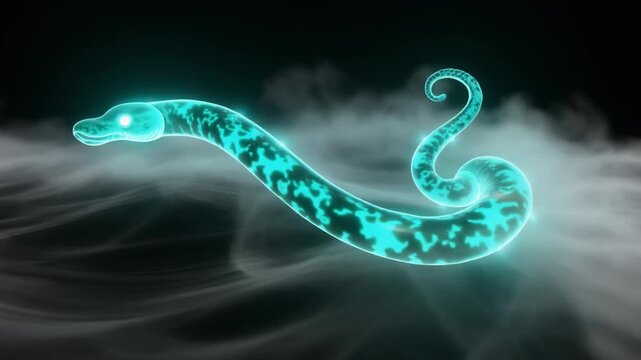 A glowing ethereal blue-green snake creature with intricate patterns floating in a mystical misty environment.