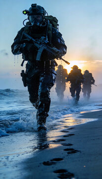 Underwater naval commandos emerge from sea at dawn for covert operation