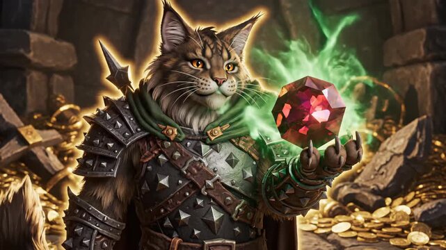 Fantasy Rogue Cat Holding Sparkling Gem with Magical Aura 3D Render