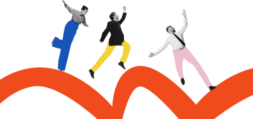 Dynamic composition of business team moving along growth curve on transparent background. Concept of teamwork, collective success, business development and corporate strategy for marketing visuals.