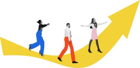 Business composition of professionals walking along upward arrow on transparent background. Concept of company growth, career development, financial success and long-term business strategy.