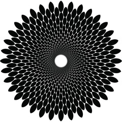 Circle vector halftone pattern of ovals decreasing towards the center. Fading particles, a black and white mandala. Gradient transition lattice