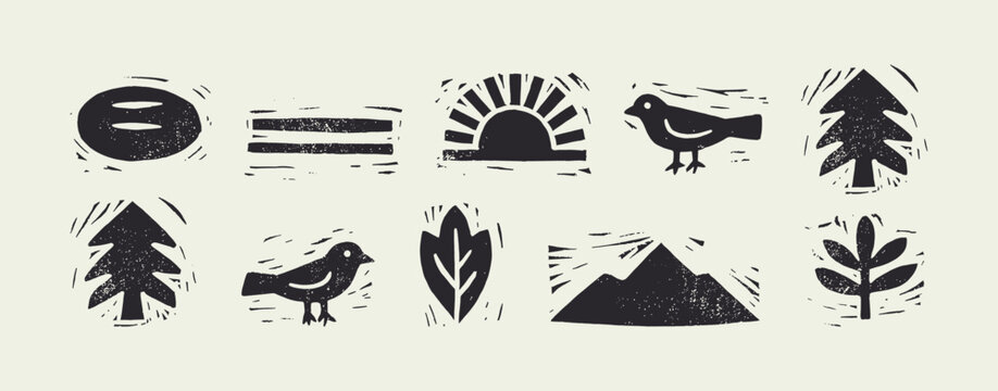 Vintage Distressed Linocut Symbols Set with Nature Elements, Trees, Birds, and Sun