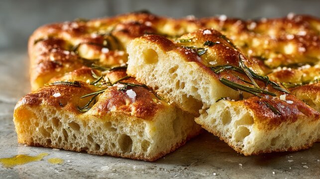 Close-up of golden, airy flatbread with herbs, coarse salt, & cut pieces. Texture and details visible