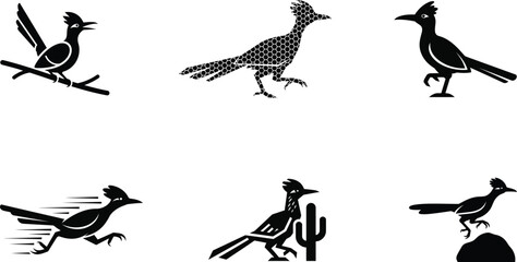 Geometric and organic roadrunner bird shapes in monochrome vector format for laser engraving and screen printing artwork files.